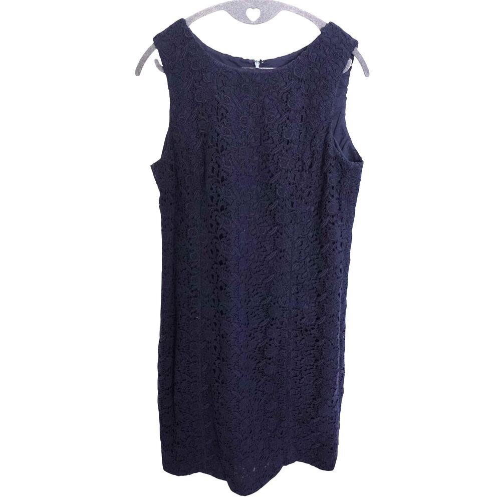 Talbots Navy Blue Floral Lace Overlay Sleeveless Sheath Dress Womens 14 Petite